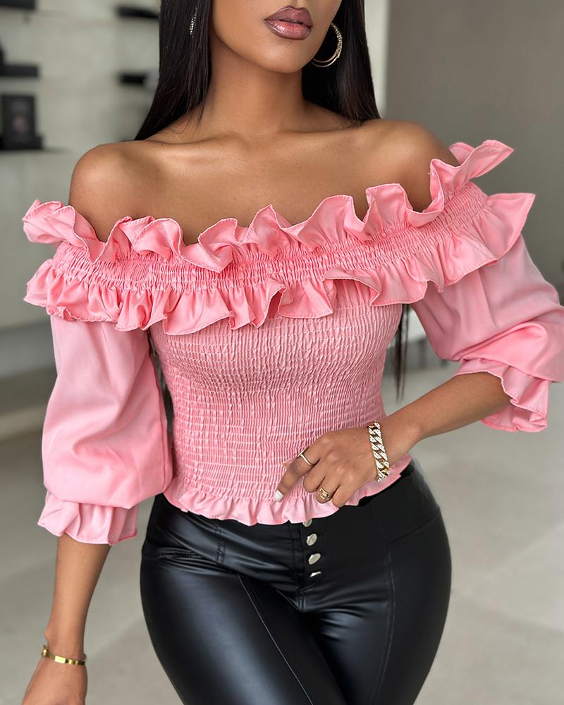 Frill Hem Shirred Off Shoulder Top