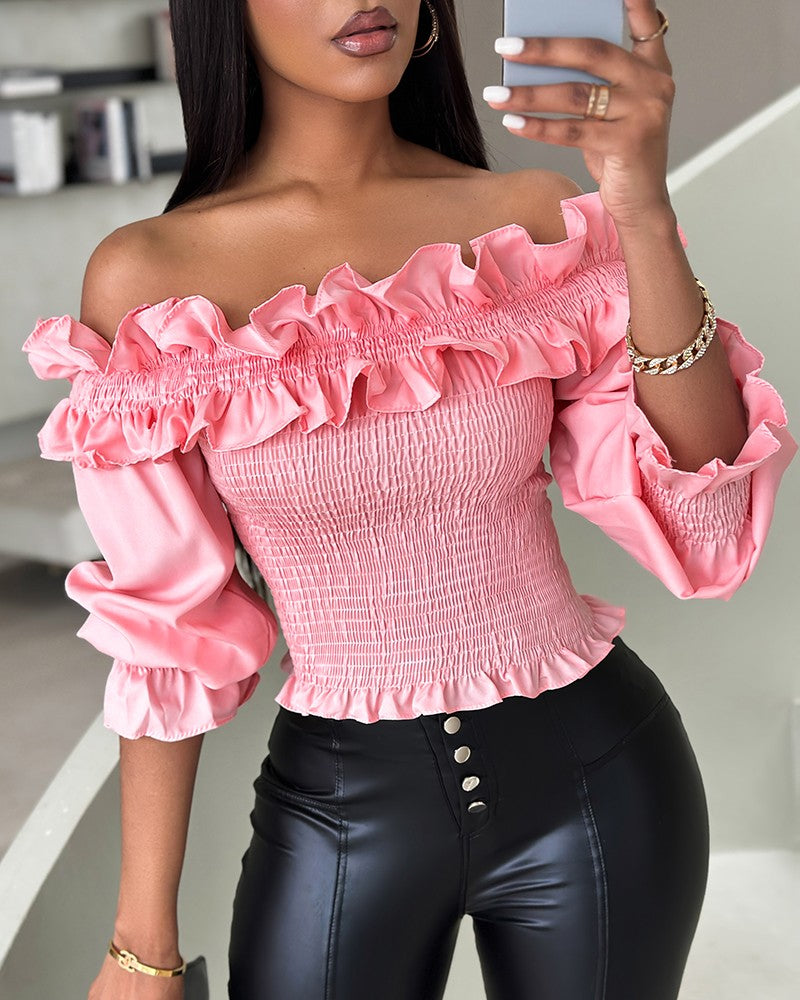 Frill Hem Shirred Off Shoulder Top