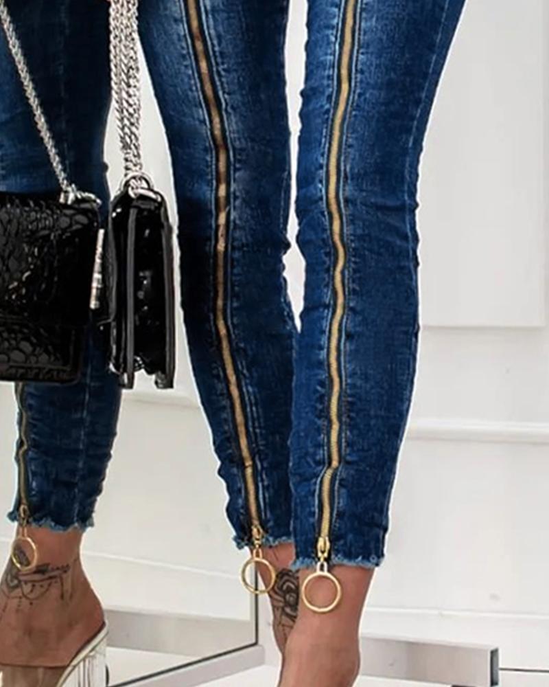 O Ring Zipper Decor Skinny Jeans