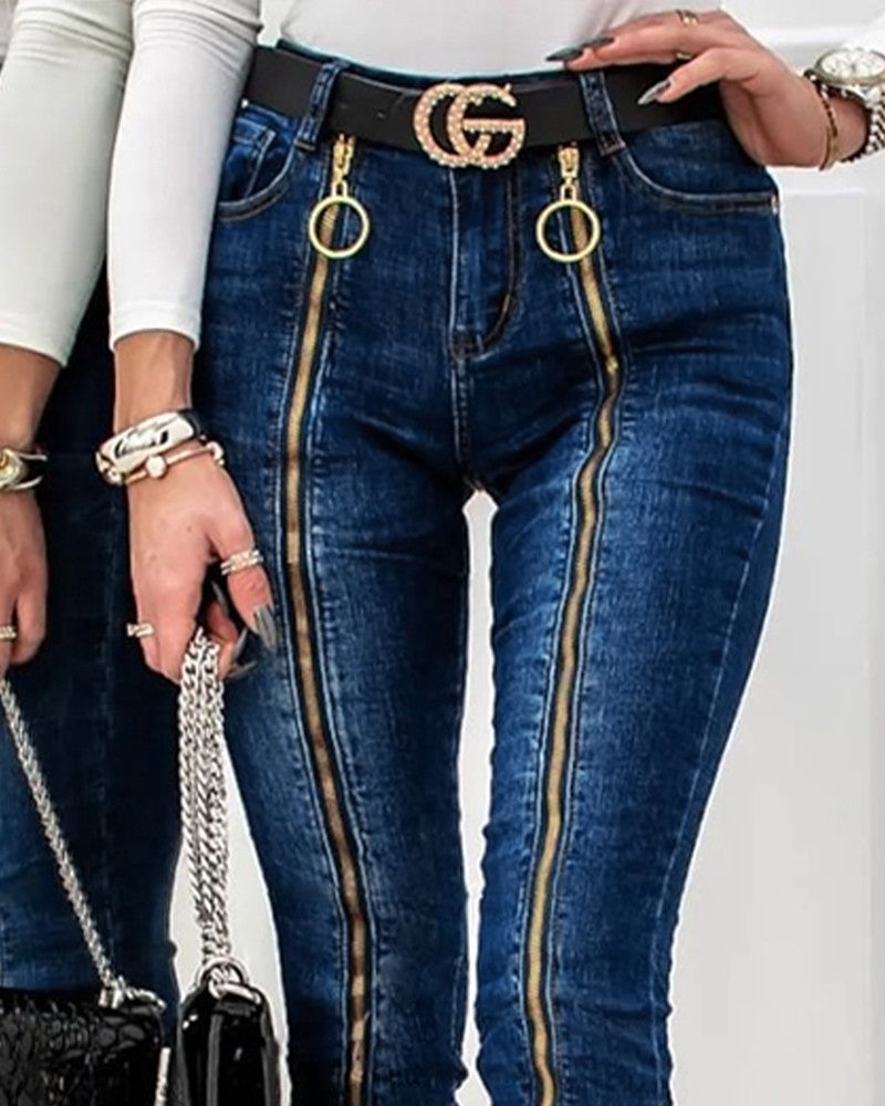 O Ring Zipper Decor Skinny Jeans