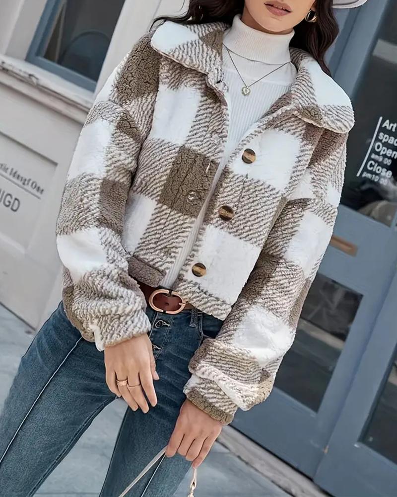 Plaid Pattern Turn down Collar Button Front Teddy Coat