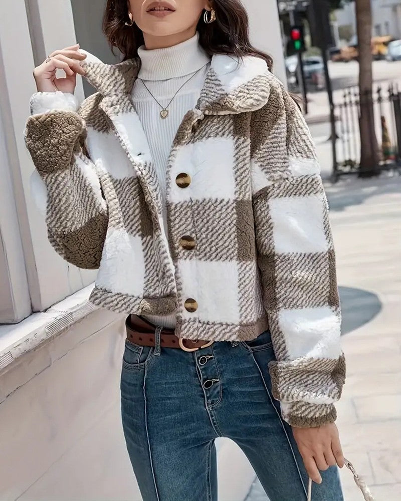 Plaid Pattern Turn down Collar Button Front Teddy Coat