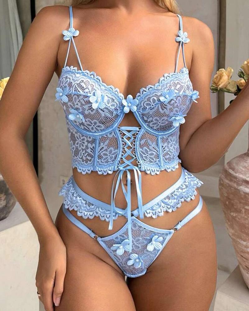 Floral Pattern Lace up Cutout Lace Lingerie Set