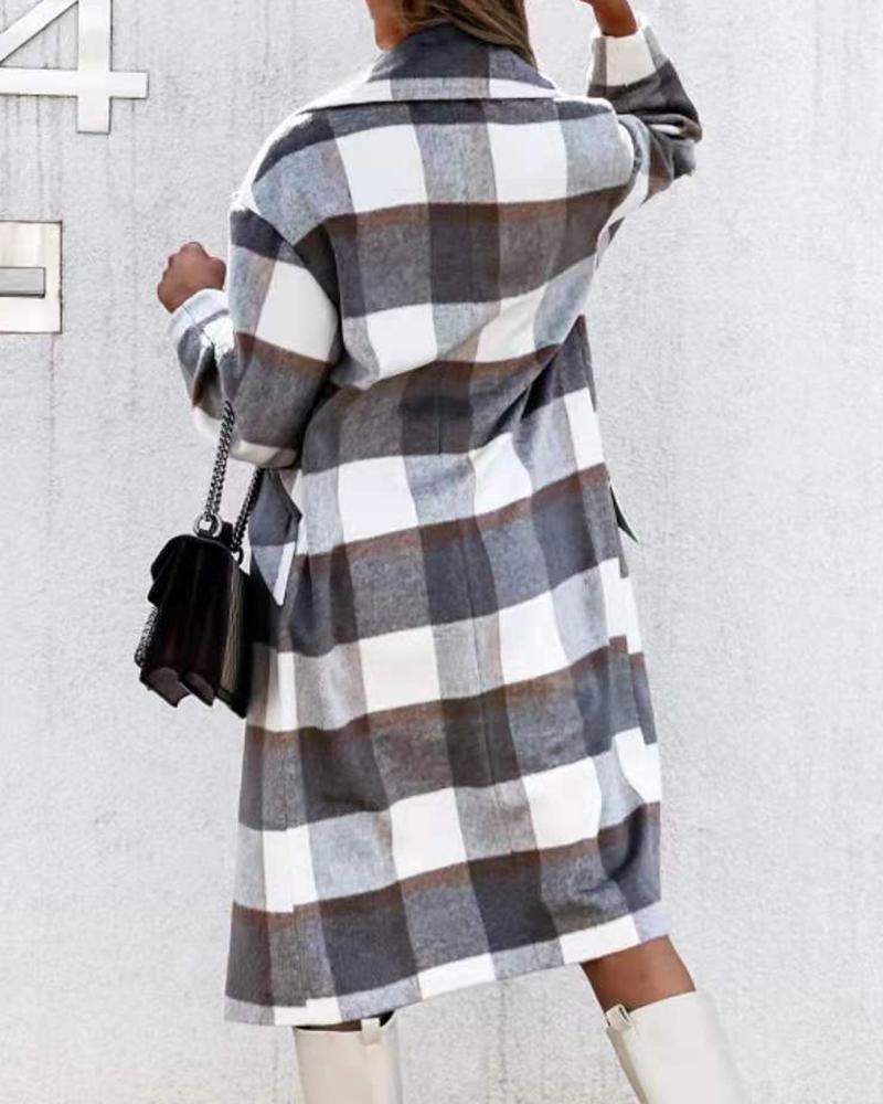 Plaid Print Long Sleeve Buttoned Casual Coat