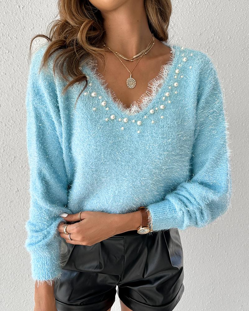 Contrast Lace V Neck Long Sleeve Beaded Decor Sweater Casual Top