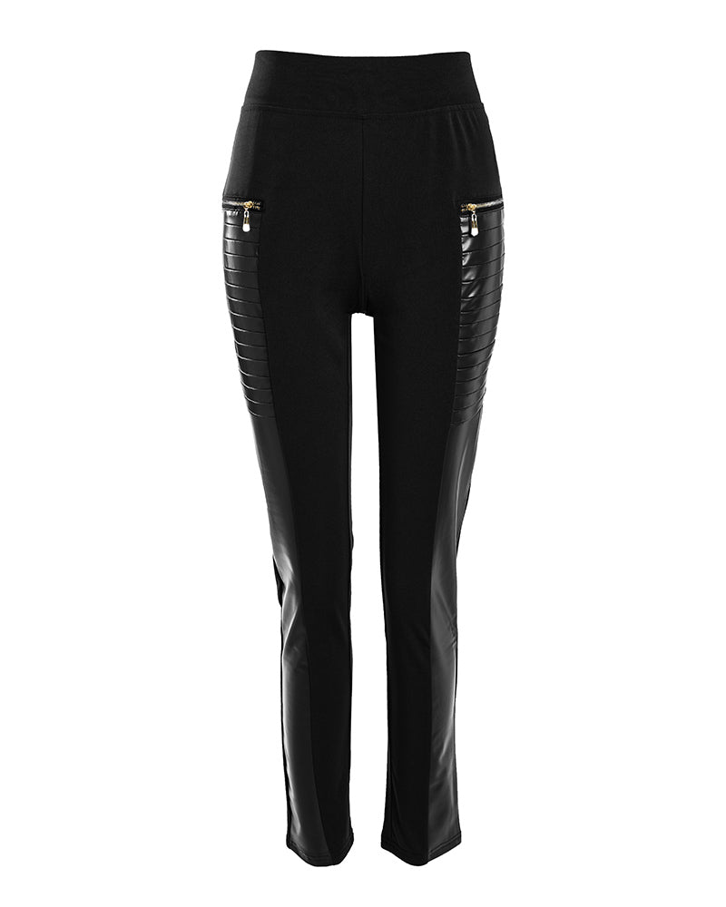 PU Leather Patch Zipper Design High Waist Skinny Pants