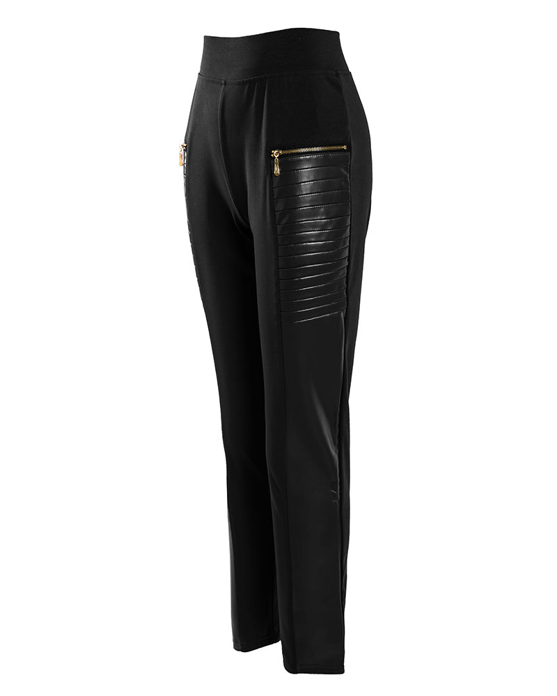 PU Leather Patch Zipper Design High Waist Skinny Pants