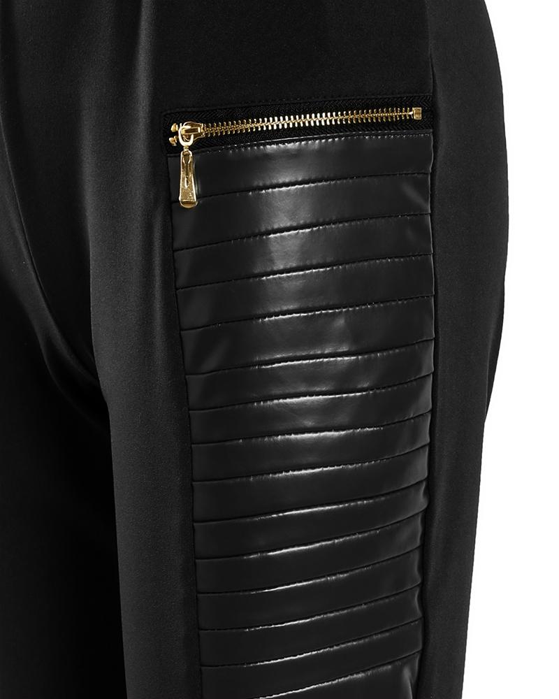 PU Leather Patch Zipper Design High Waist Skinny Pants