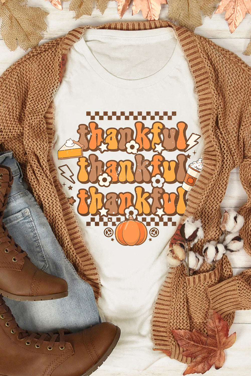 White Thanksgiving Slogan Print Crew Neck T Shirt