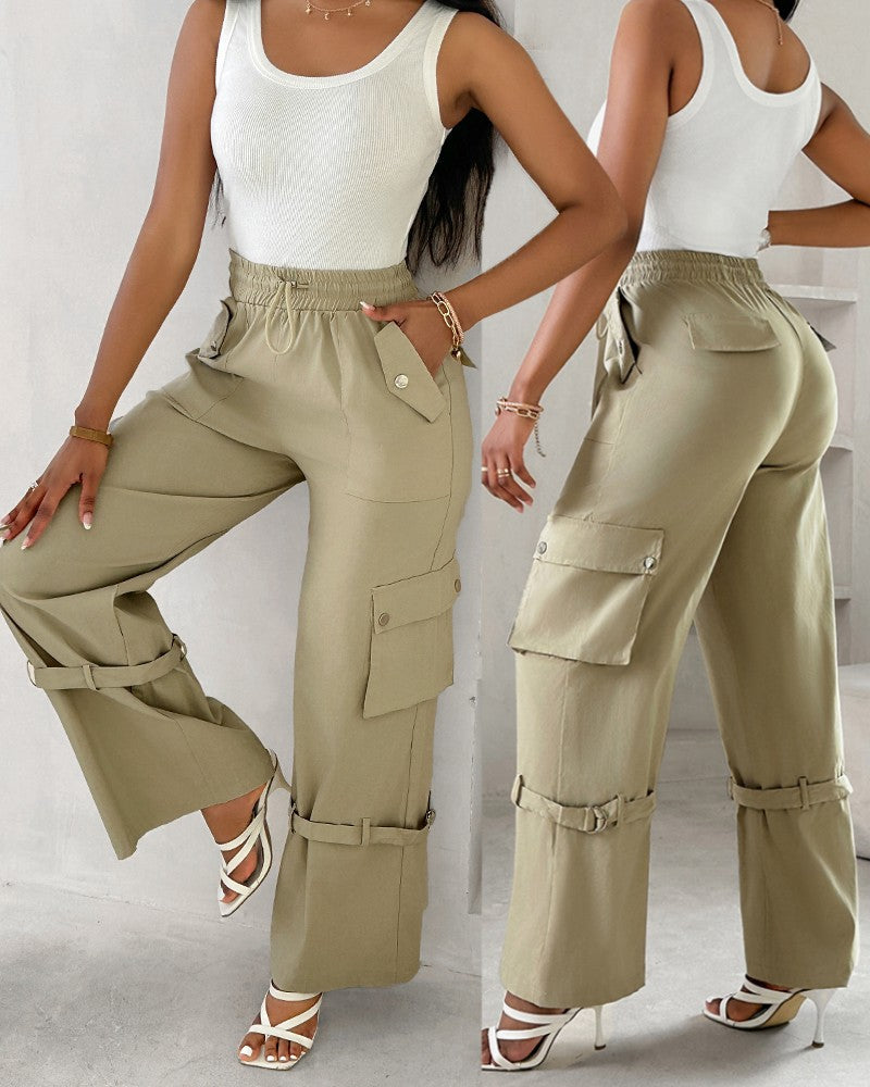 Snap Button Buckled Drawstring Cargo Pants