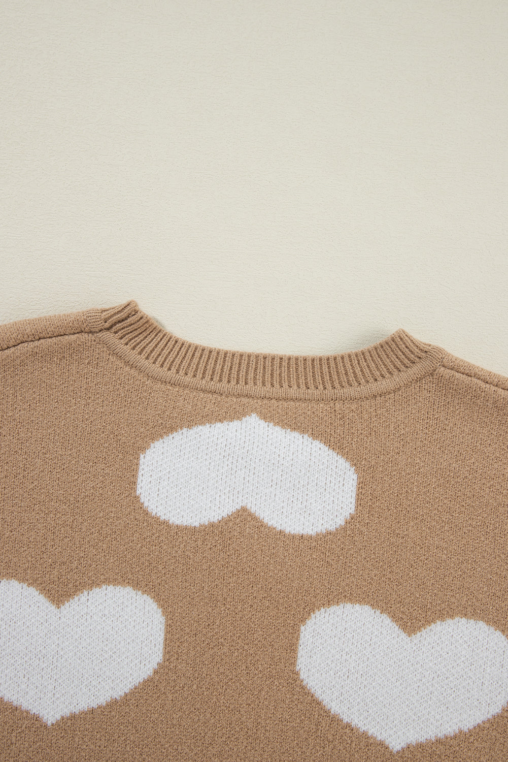 Khaki Contrast Heart Pattern Round Neck Sweater