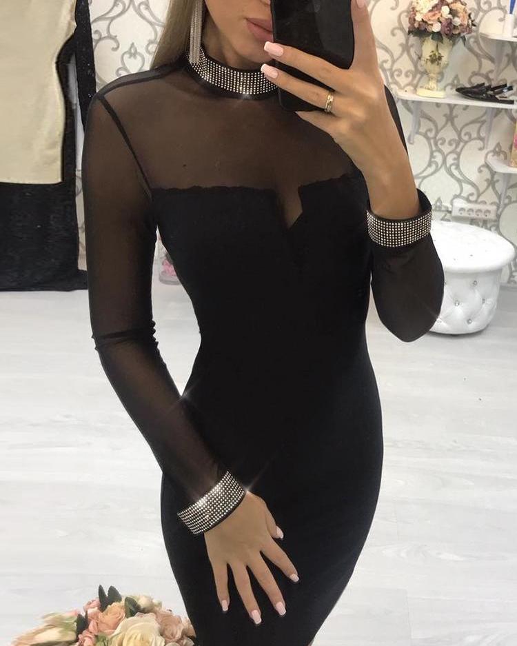 Hot Drilling Sheer Mesh Bodycon Dress