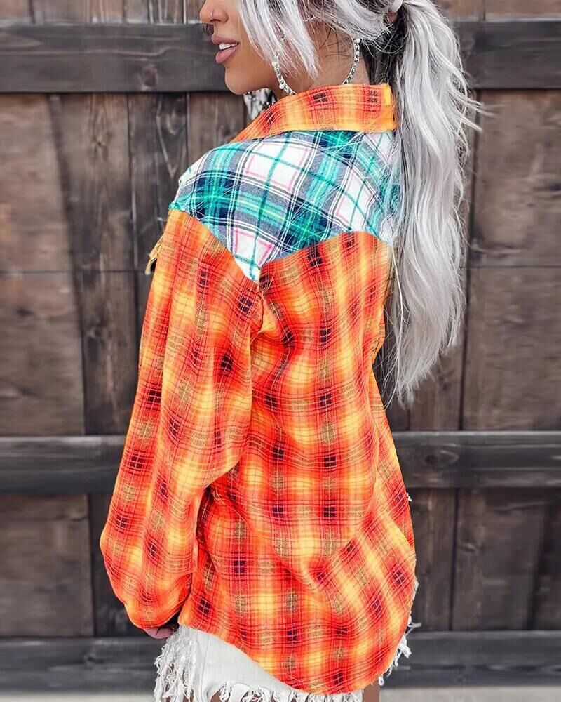 Colorblock Plaid Print Button Down Shirt