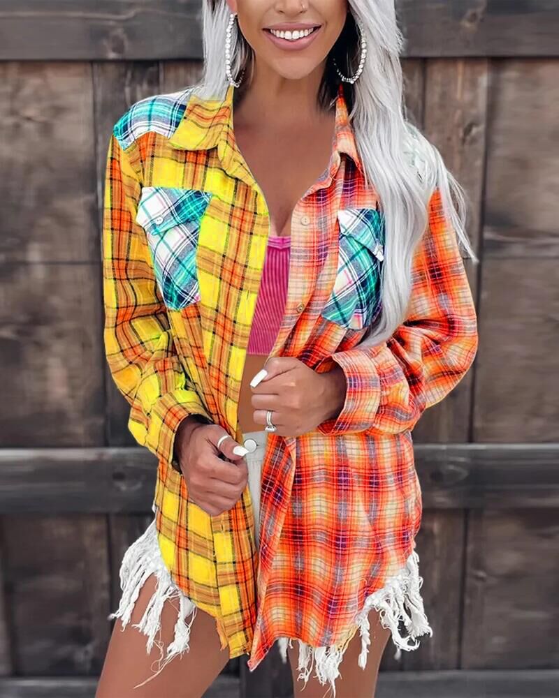 Colorblock Plaid Print Button Down Shirt