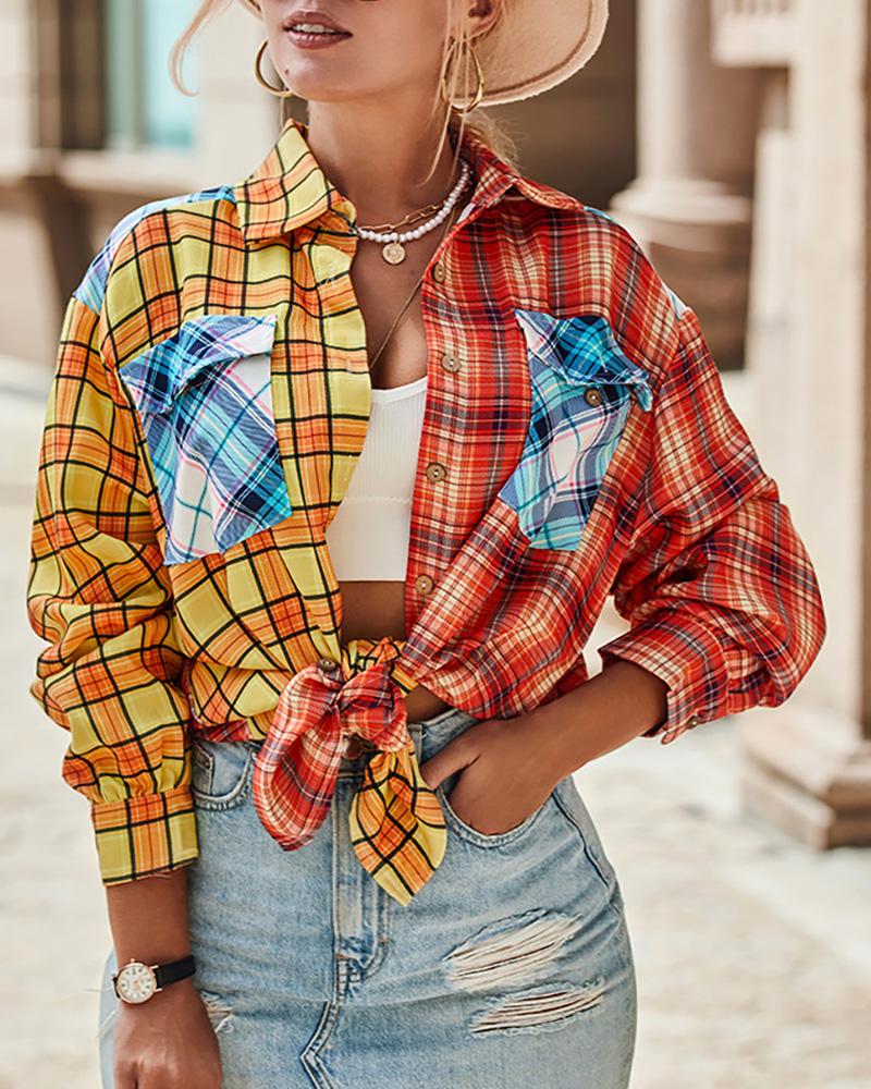 Colorblock Plaid Print Button Down Shirt