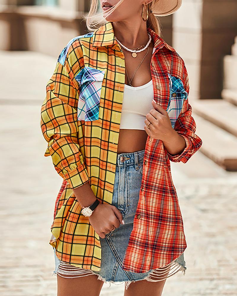 Colorblock Plaid Print Button Down Shirt