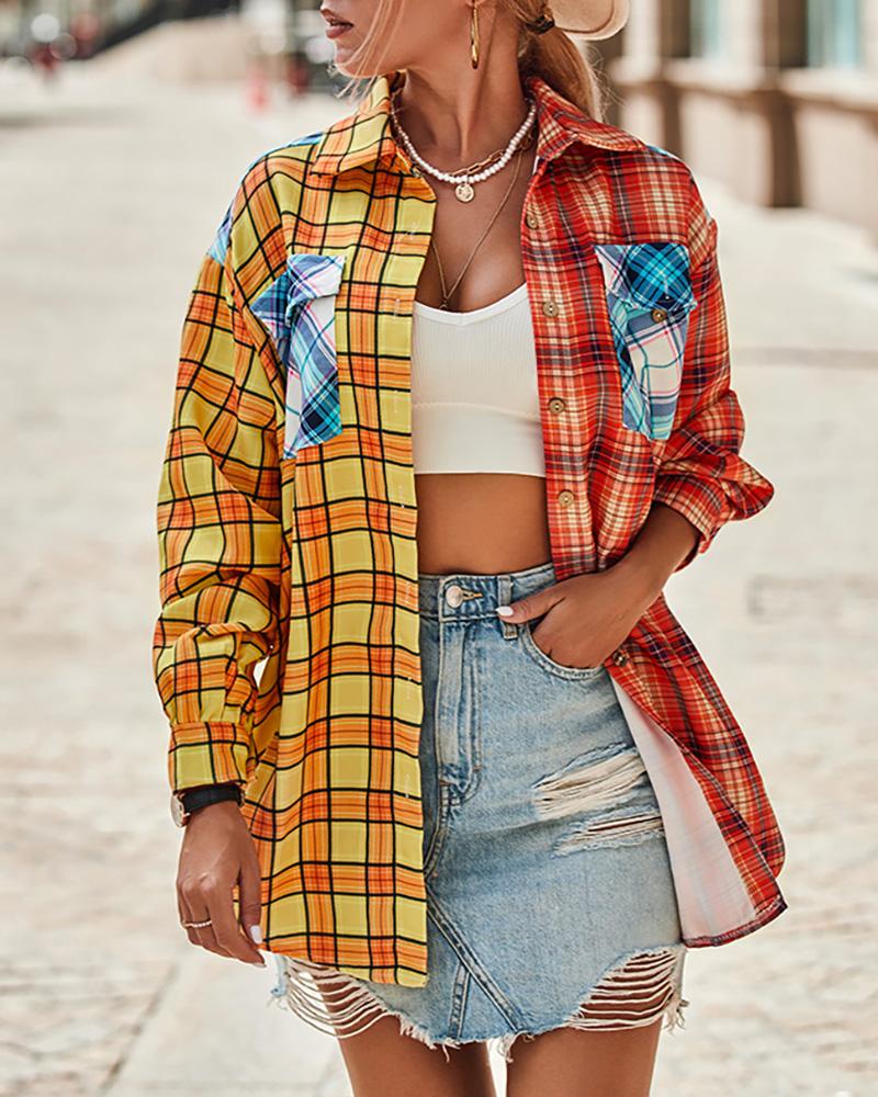 Colorblock Plaid Print Button Down Shirt