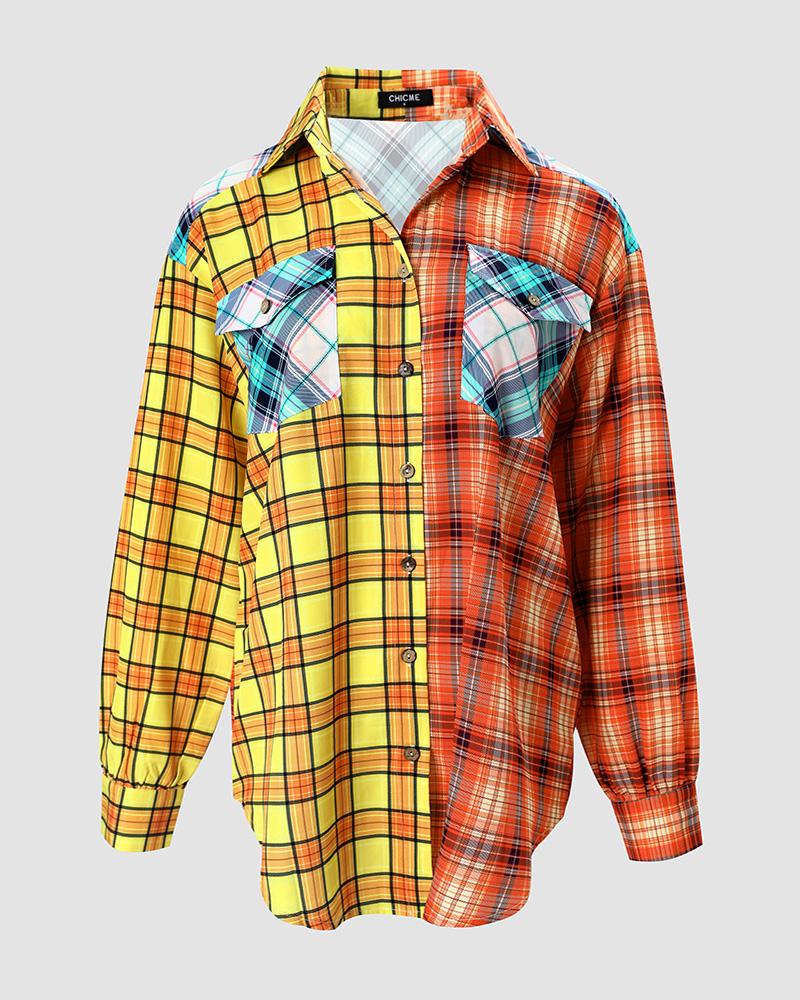 Colorblock Plaid Print Button Down Shirt