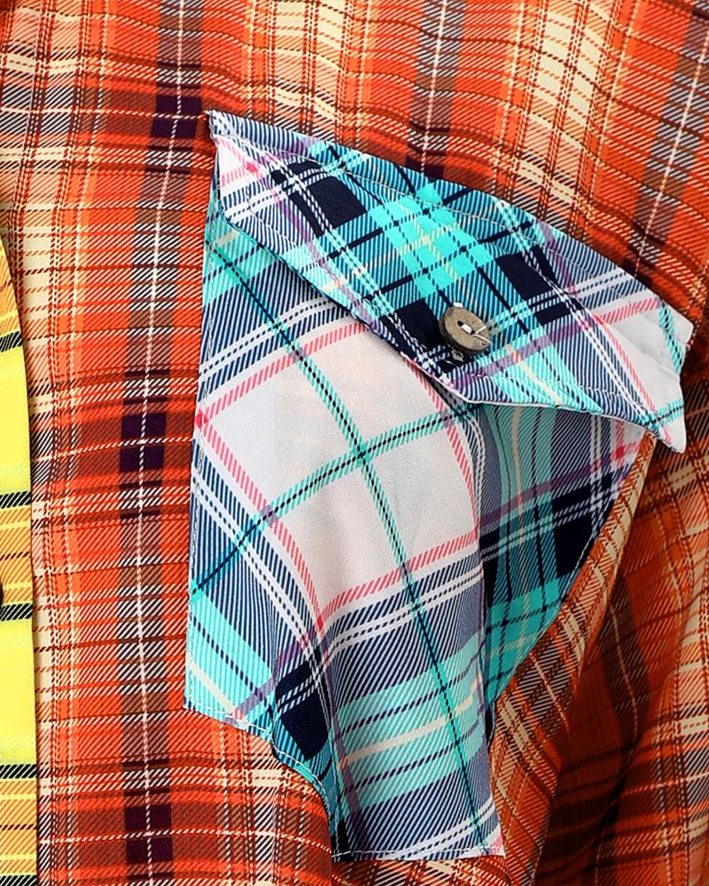 Colorblock Plaid Print Button Down Shirt