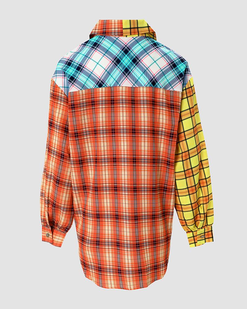 Colorblock Plaid Print Button Down Shirt