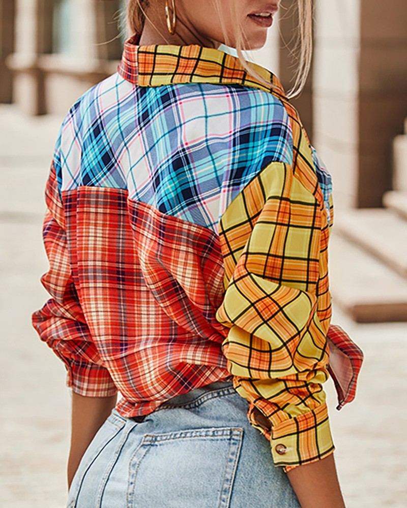 Colorblock Plaid Print Button Down Shirt