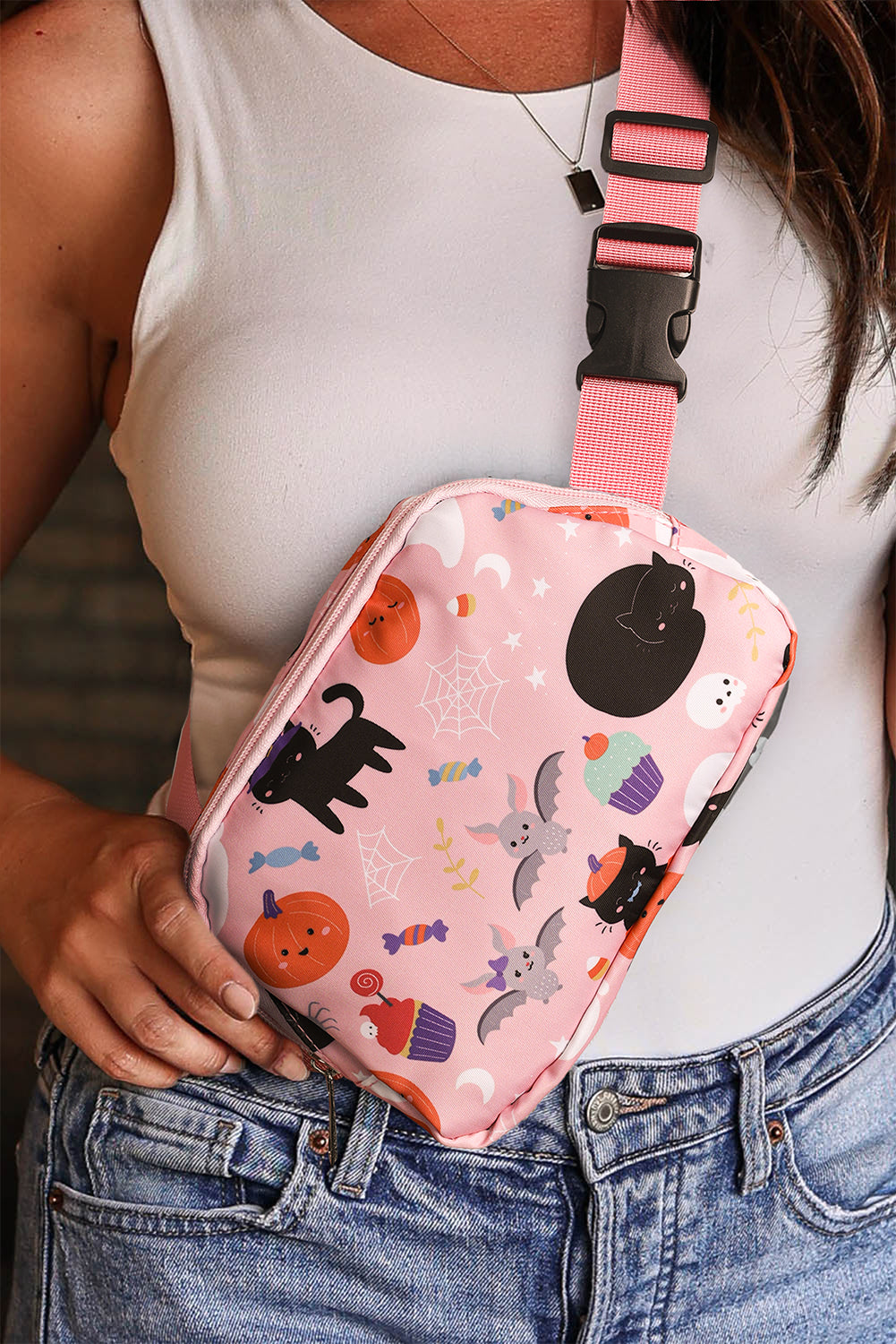 Light Pink Halloween Car Bat Pumpkin Print Square Crossbody Bag