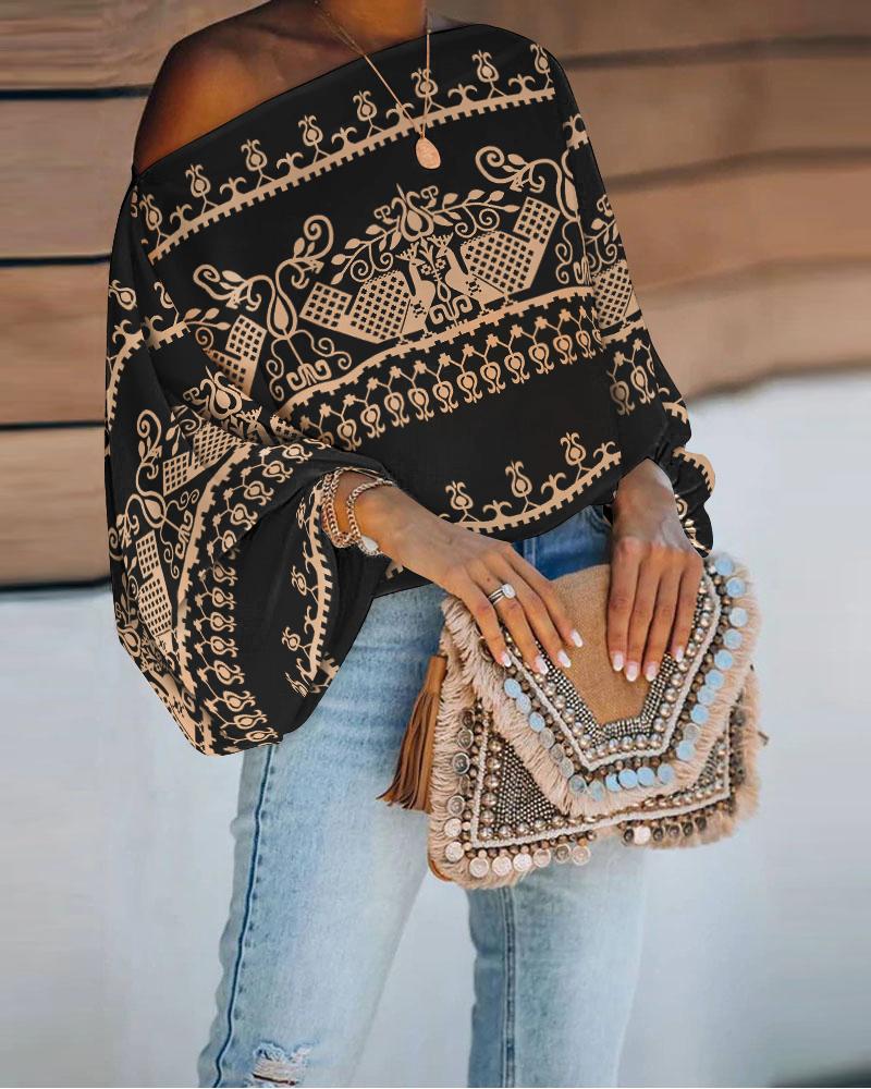 Tribal Print Lantern Sleeve Top