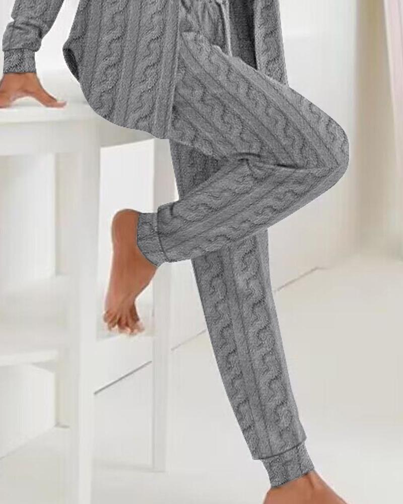 Fuzzy Textured Fleece Hooded Top & Drawstring Pants Set