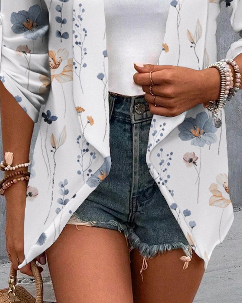 Floral Print Open Front Roll Up Sleeve Coat