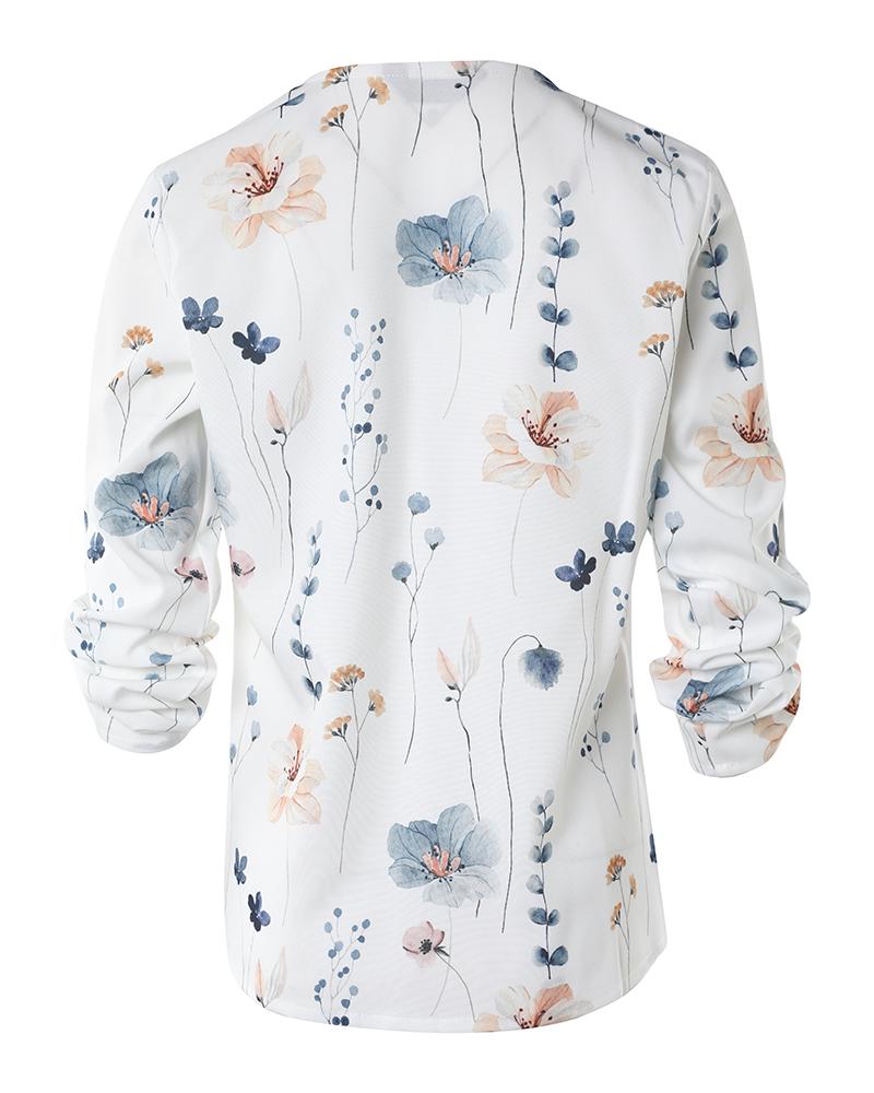 Floral Print Open Front Roll Up Sleeve Coat