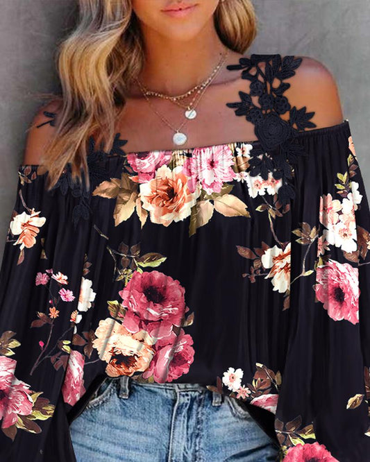 Floral Print Lace Patch Cold Shoulder Top