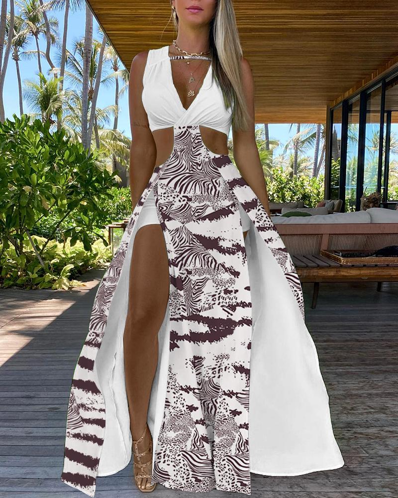 Zebra Stripe Tie Dye Print Cutout High Slit Maxi Dress