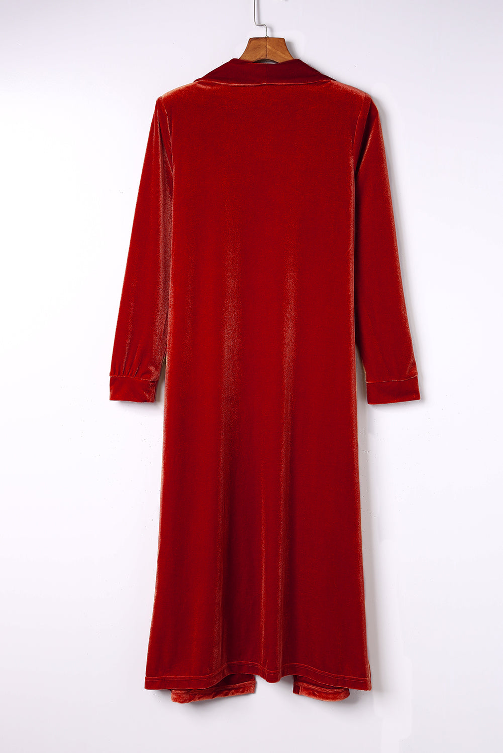 Fiery Red Velvet Open Front Pocketed Long Duster