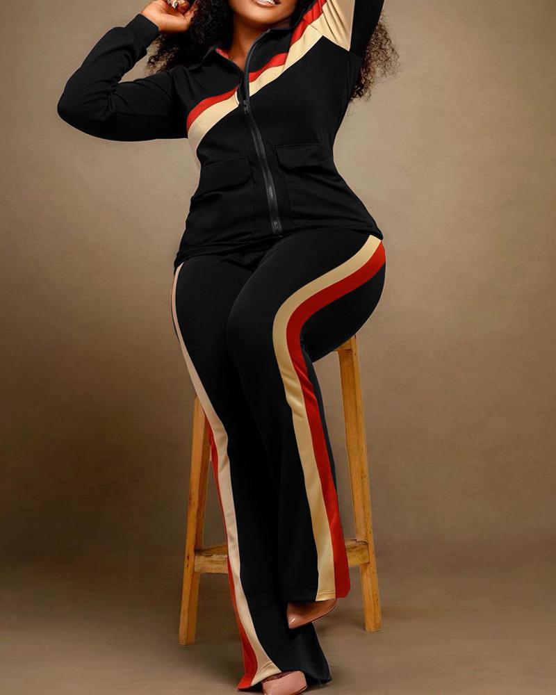 Plus Size Contrast Paneled Zip Up Top & Pants Set