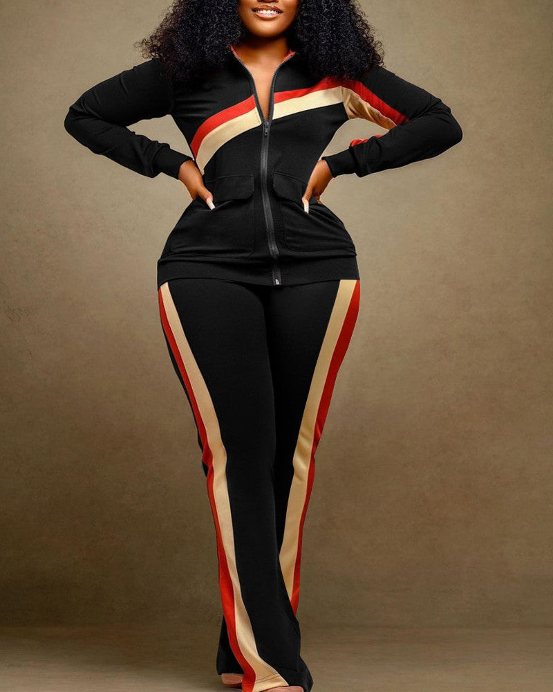 Plus Size Contrast Paneled Zip Up Top & Pants Set