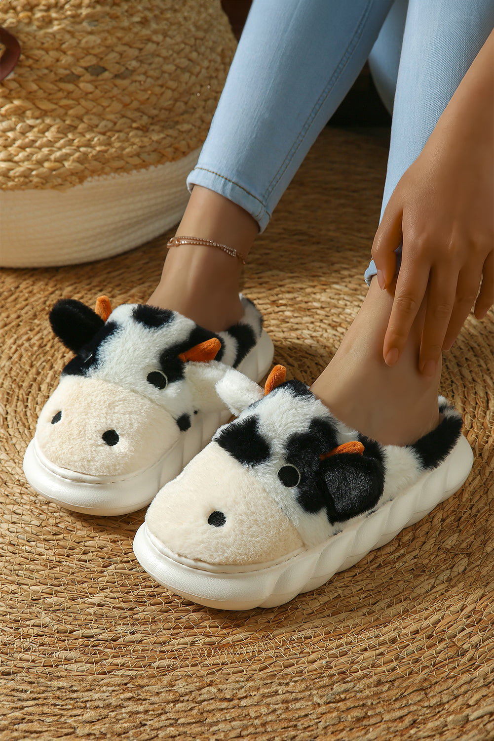 White Cute Cow Thick Sole Plush Thermal Home Slippers