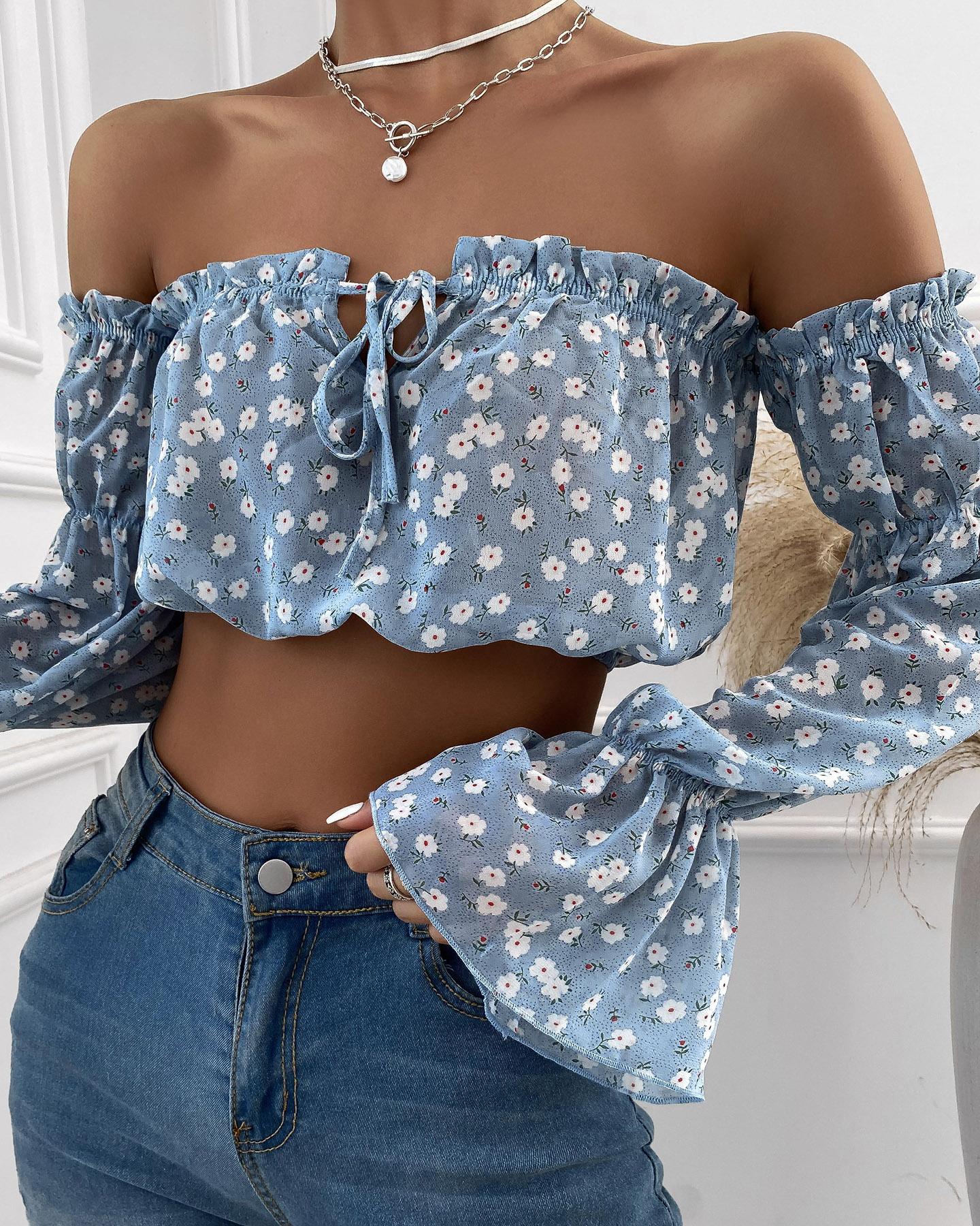 Floral Print Off Shoulder Frill Hem Blouse