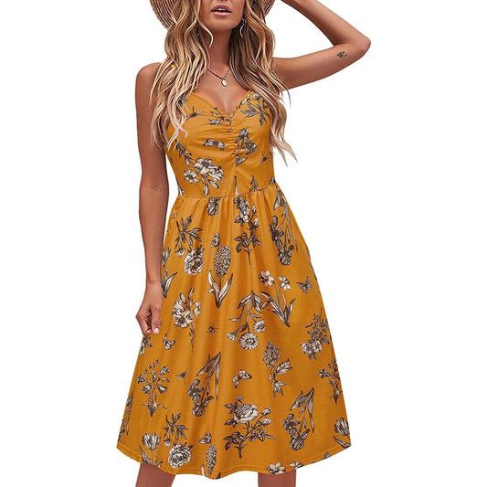 Women's summer sleeveless V-neck suspender floral short party dress