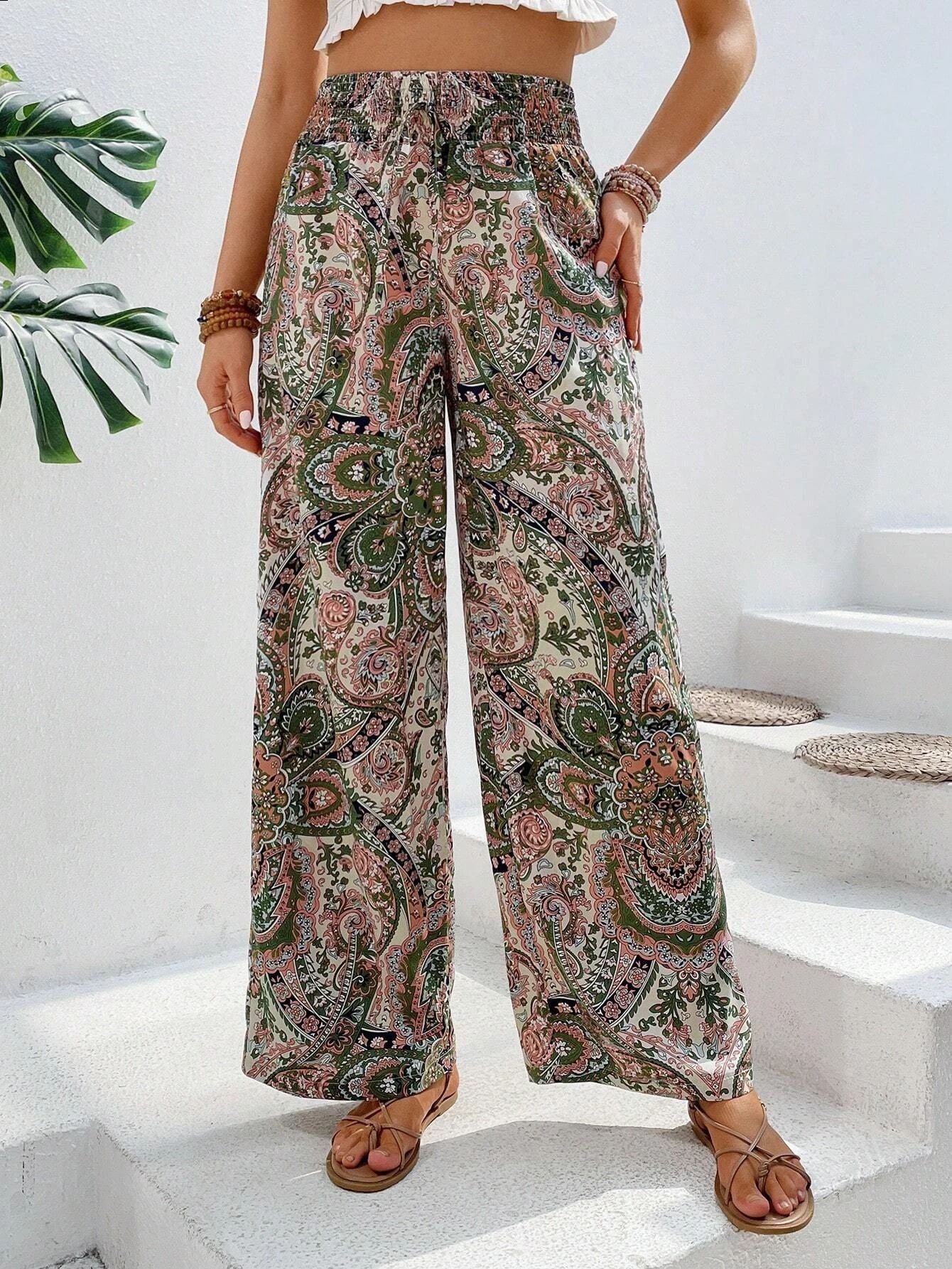 Women's Boho Palazzo Pants Wide Leg Beach Pants High Waisted Lounge Pants