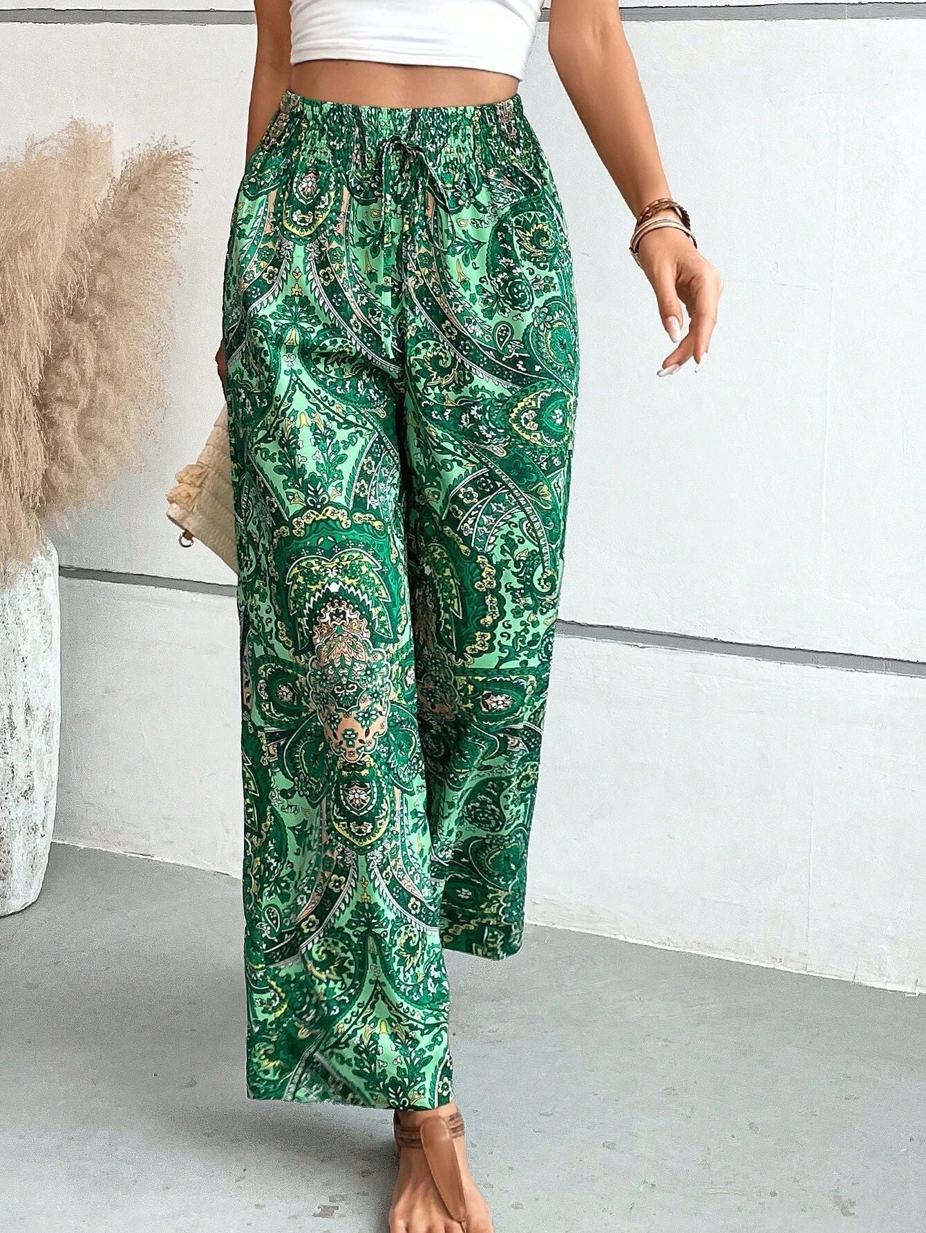 Women's Boho Palazzo Pants Wide Leg Beach Pants High Waisted Lounge Pants