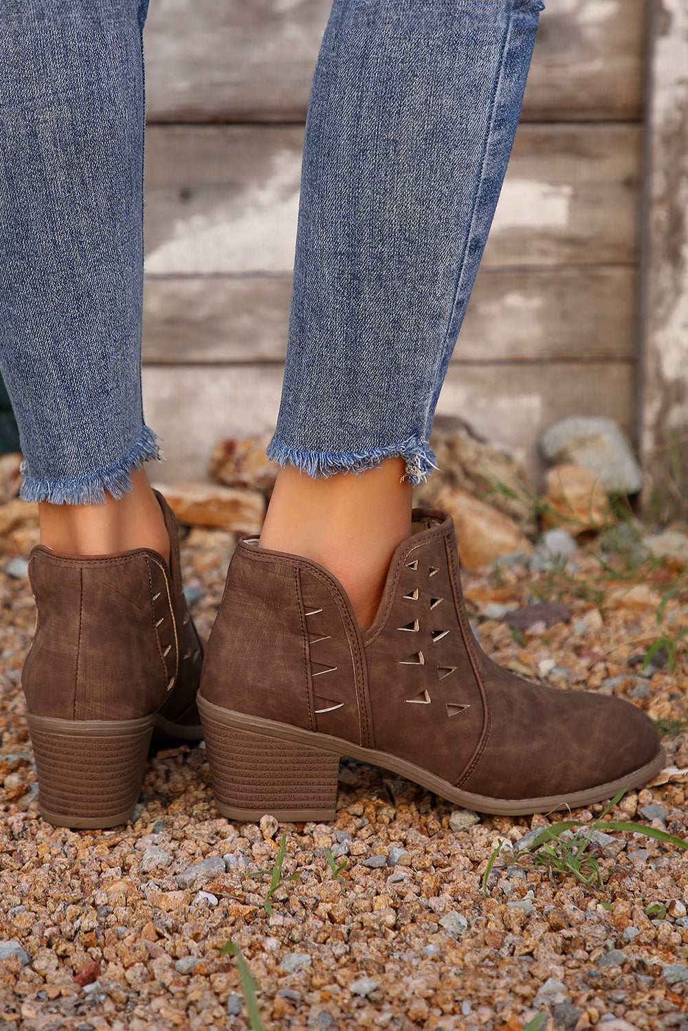 Red Sandalwood Cut Out Suede Pointed Toe Heeled Ankle Boots