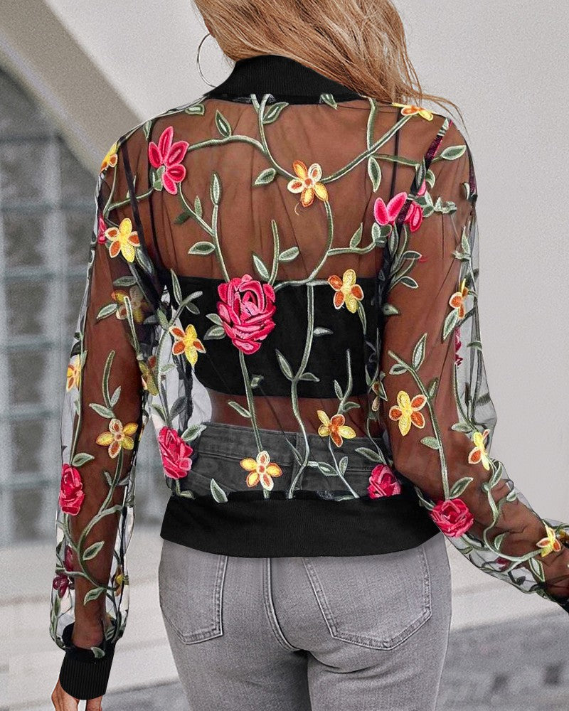 Floral Embroidery Baseball Collar Long Sleeve Coat Sheer Mesh Patch Zip Up Jacket