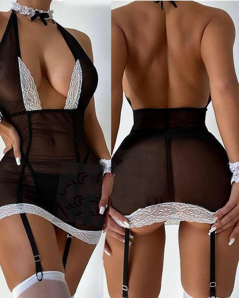 Contrast Lace Sheer Mesh Garter Lingerie Set