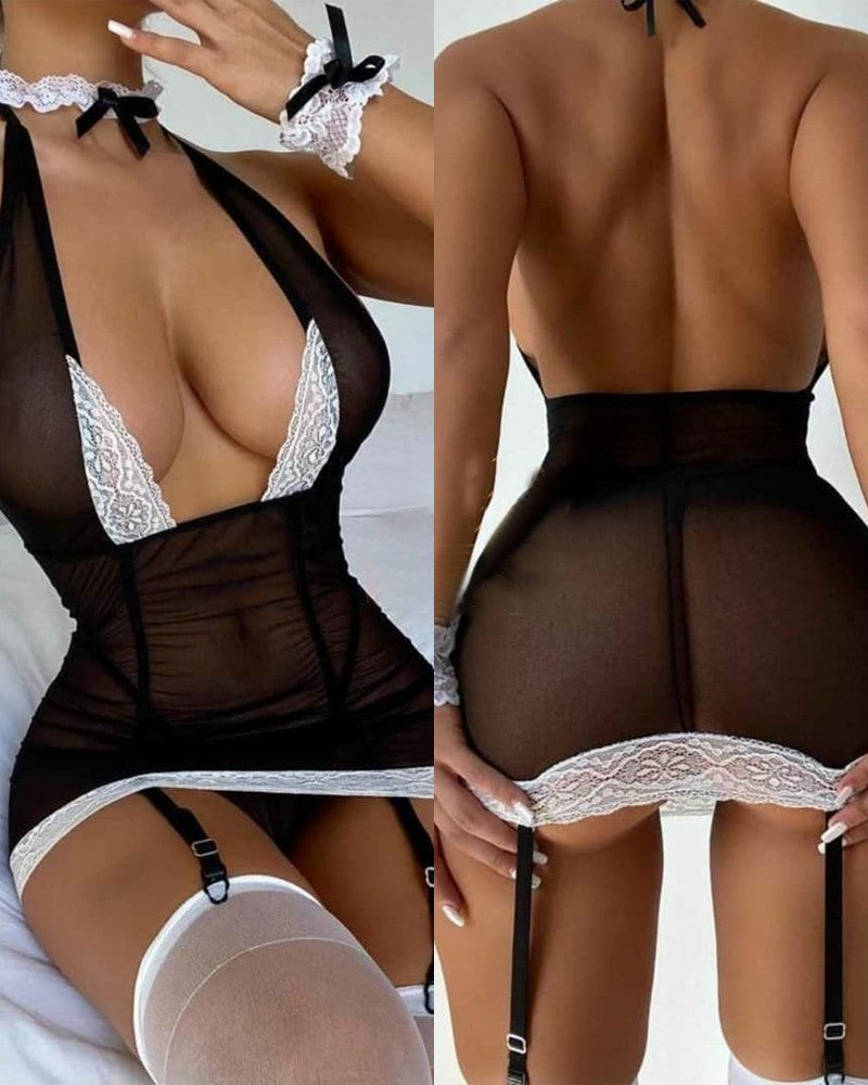 Contrast Lace Sheer Mesh Garter Lingerie Set