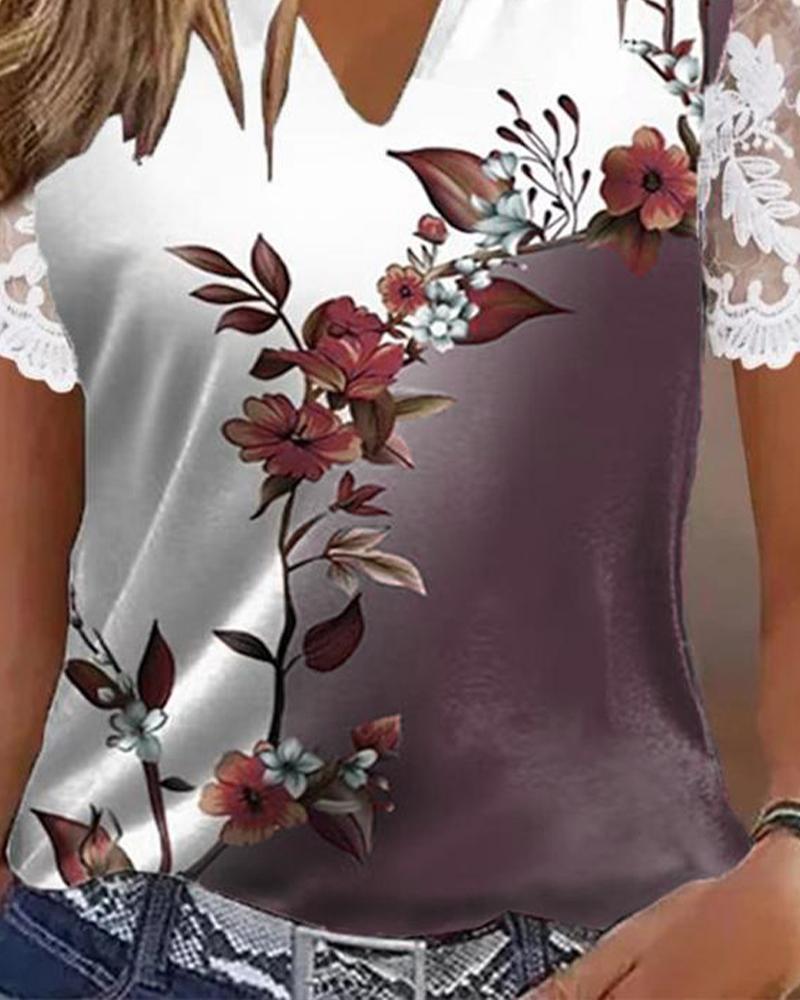 Ombre Floral Print Lace Patch Notch Neck Top