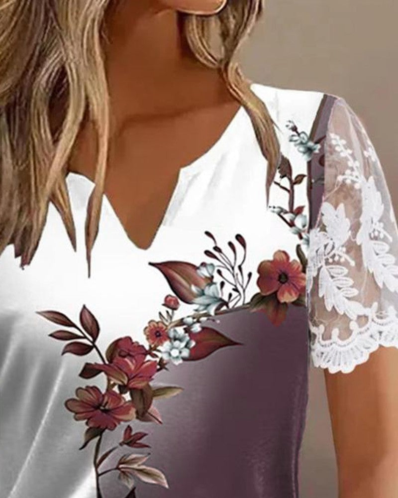 Ombre Floral Print Lace Patch Notch Neck Top