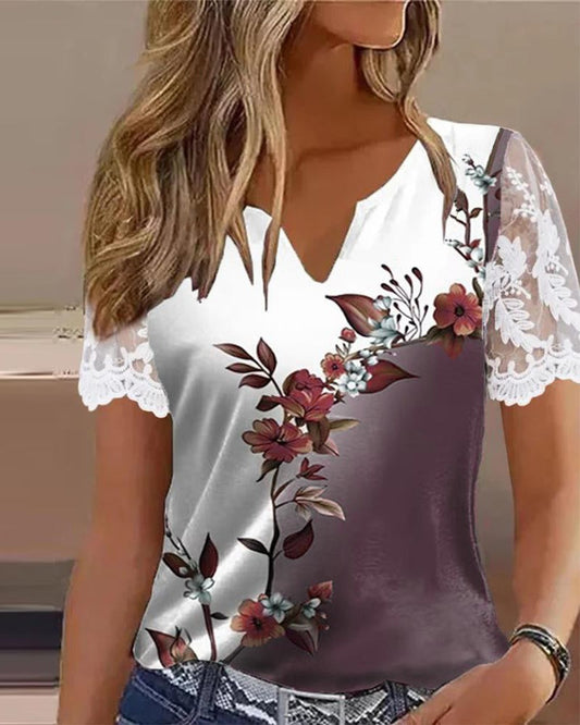 Ombre Floral Print Lace Patch Notch Neck Top