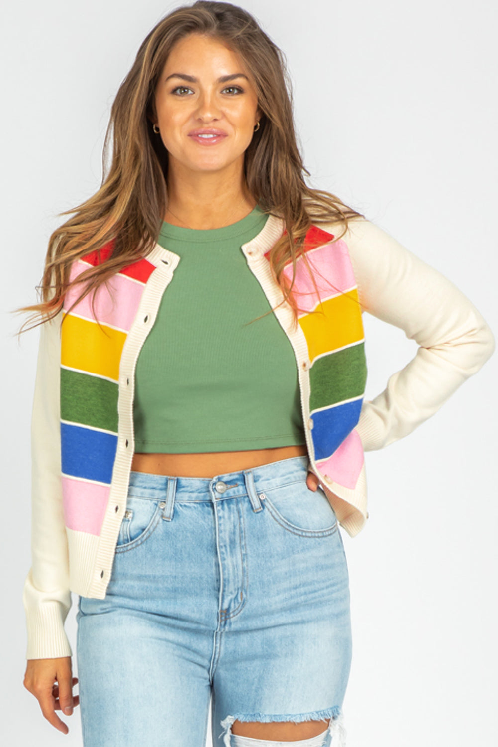 White Stripe Colorful Pattern Button Front Sweater Cardigan