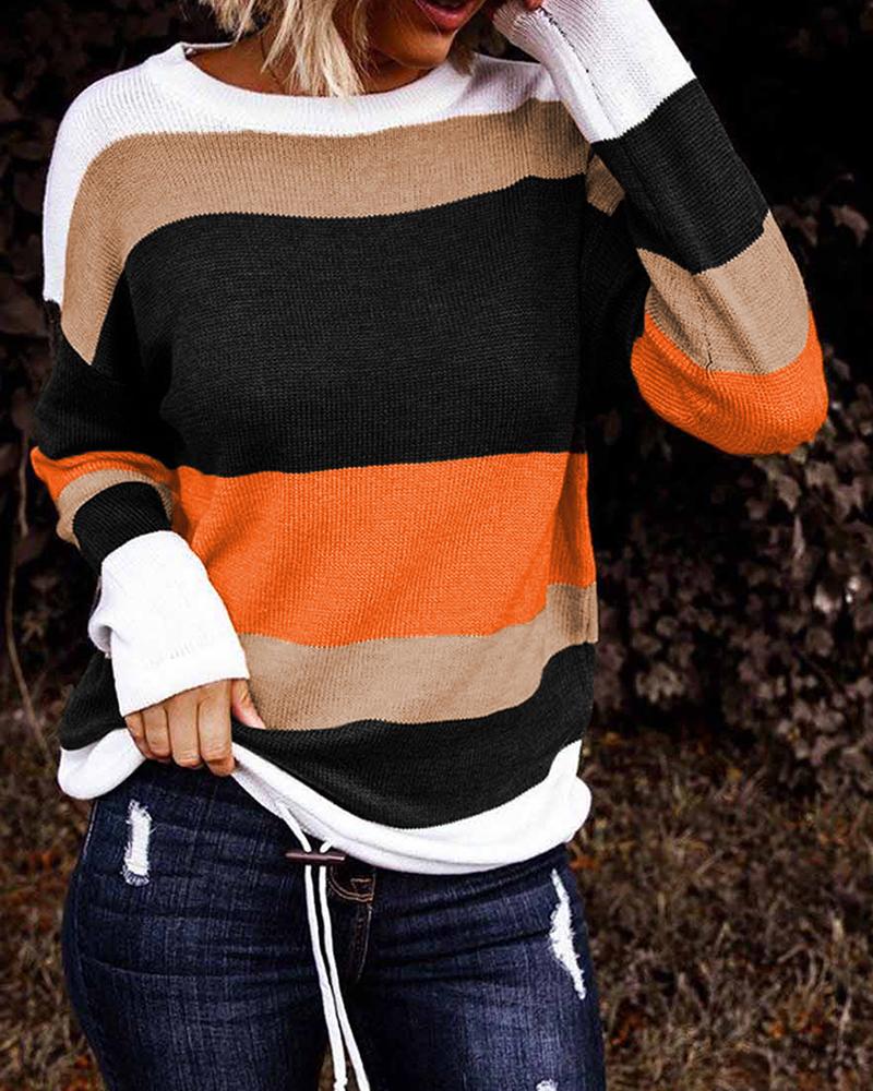 Striped Print Colorblock Drawstring Long Sleeve Sweater