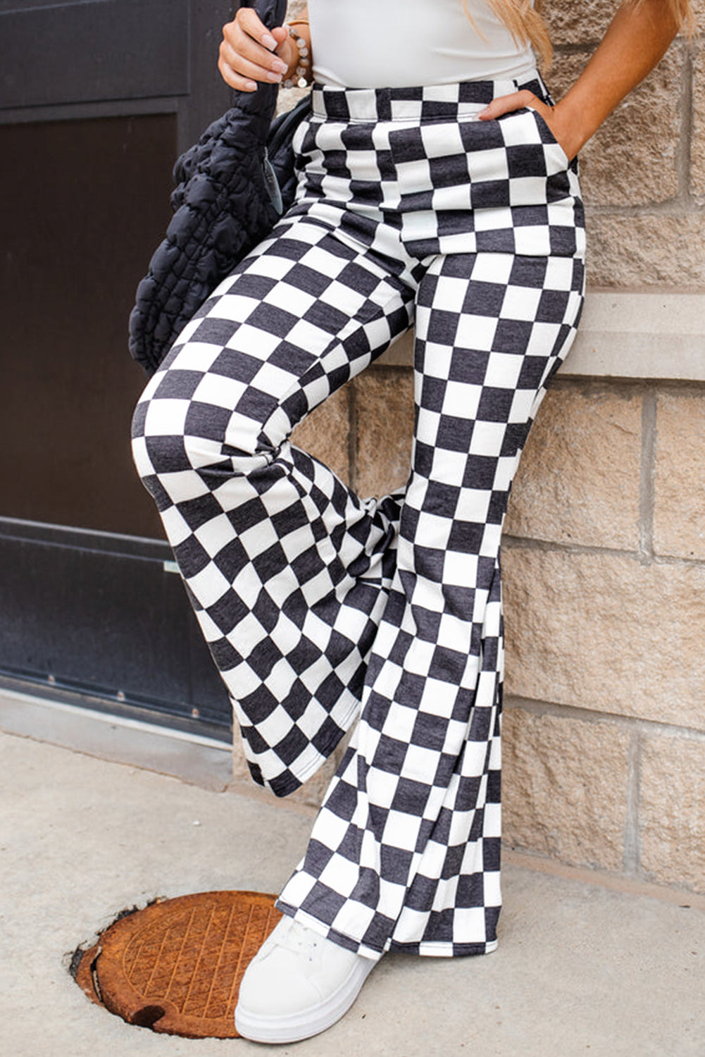 White Checkered Print Side Slit High Waist Midi Skirt